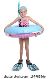 Girl With Float And Scuba Gear White Background