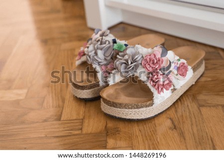girl flower slippers isolated. woman footwear.