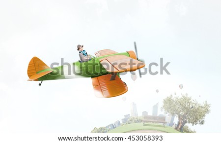 Girl flying old plane . Mixed media