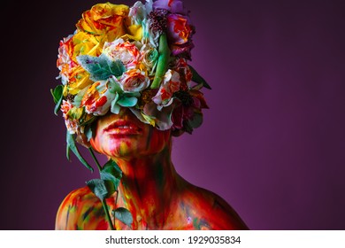 A Girl With Fresh Flowers On Her Head. Flower Man