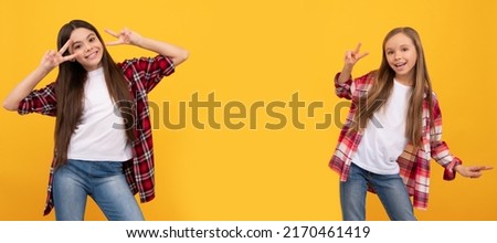 Girl friends. happy teen girls in casual shirt having fun showing peace gesture on yellow background, childhood. Casual teen children friends horizontal poster. Banner header, copy space.
