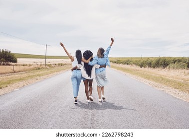 Girl friends, road trip celebration and walking of girls back on a vacation adventure with mockup. Countryside, travel and holiday freedom of women together on walk break in summer feeling free - Powered by Shutterstock