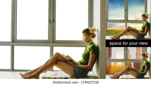 Girl In Front Of A Window Frame. PNG Picture With Space For Your View