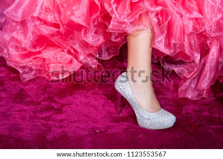 Girl in a fuscia dress during her anniversary portraits 'Quinces' or Sweet Sixteen