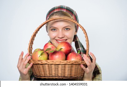 Girl Gardener Rustic Style Hold Apple White Background. Health Care And Vitamin Nutrition. Perfect Apple. Grocery Store. Start Apple Diet. Woman Likes Natural Fruits. Farmer Gardener Apple Harvest.