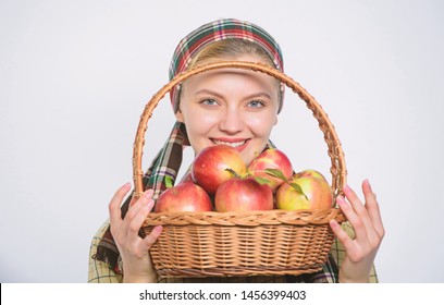 Girl Gardener Rustic Style Hold Apple White Background. Health Care And Vitamin Nutrition. Perfect Apple. Grocery Store. Start Apple Diet. Woman Likes Natural Fruits. Farmer Gardener Apple Harvest.