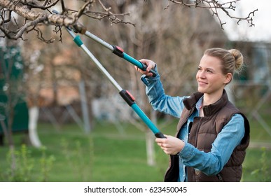 Girl Gardener Working In The Spring Garden And Trimming Tree 