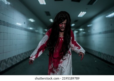 Girl Ghost Woman Death With Blood The Horror Is Screaming Darkness And Nightmare Dark Background, Scary Fear On Hell Is Monster Devil  In Halloween Festival.