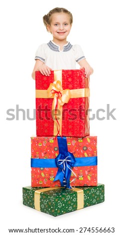 girl with gift boxes on white