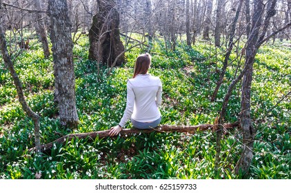 A girl in a glade of snowdrops - Shutterstock ID 625159733