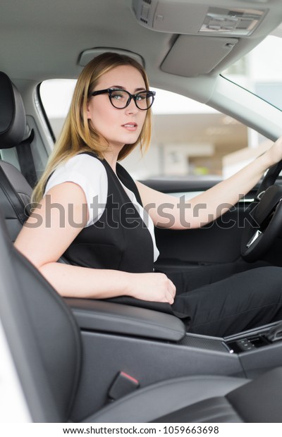 Girl Glasses Sitting Cabin New Car Royalty Free Stock Image