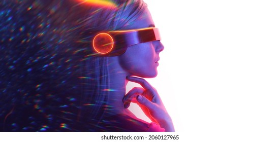 Girl In Glasses Of Virtual Reality. Augmented Reality, Dream, Future Technology, Game Concept. VR. Double Exposure Of Female Face. Abstract Woman Portrait. Digital Art. Free Space For Text.