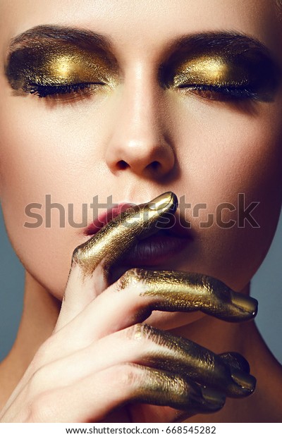 Girl Gold Makeup Gold Fingers Beautiful Stock Photo Edit Now