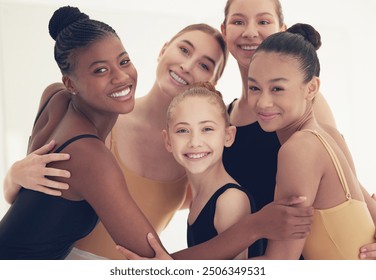 Girl, group and happy for ballet in portrait, class and hug with diversity, connection or care at dance school. Teenager friends, solidarity and support at academy for talent, concert and performance - Powered by Shutterstock