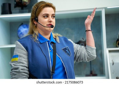 The Girl Guide Gives A Lecture At The Ukrainian Planetarium. Dnipro, Ukraine - 05.16.2022