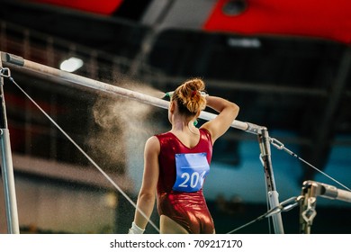 Girl Gymnast Athlete Get Ready In Uneven Bars