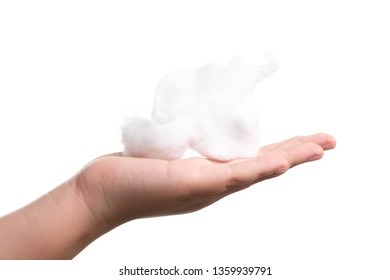 Girl Hand Hold Used Cotton Wool Isolate On White Background