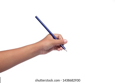 Girl Hand Holding Blue Pencil On White Background