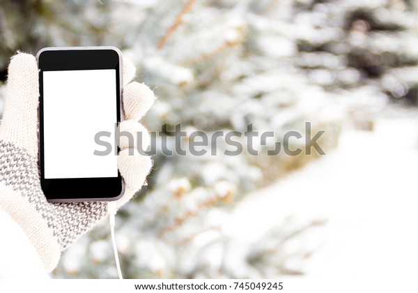 Girl Hand Mittens Mockup Phone Smartphone Stock Photo Edit Now 745049245