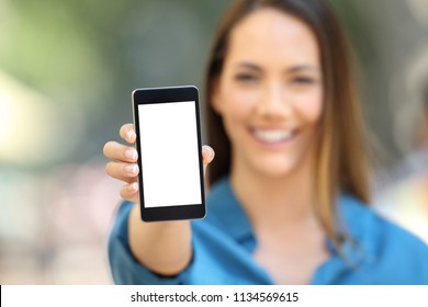 Girl Hand Showing A Phone Screen Mock Up On The Street