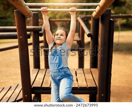 Similar – Image, Stock Photo Child playing on outdoor playground. Toddler plays on school or kindergarten yard. Active kid on stone sculpured slide. Healthy summer activity for children. Little boy climbing outdoors.