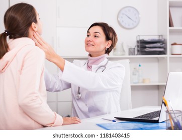 Girl Has Come To Pediatrician To Medical Office For Planned Inspection Of Health