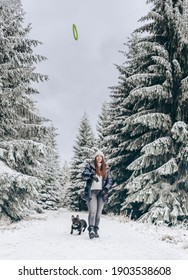 A Girl Has Fun Playing With Her Dog On The Background Of A Snow-covered Winter Landscape.Winter Lifestyle.local Travel.healthy Break. The Concept Of Dog Training And Education.selective Focus