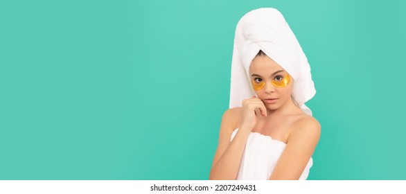 Girl With Healthy Skin, Facial Treatment, Teen Girl In Shower Towel With Skincare Patch. Cosmetics And Skin Care For Teenager Child, Poster Design. Beauty Kid Girl Banner With Copy Space.