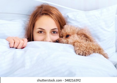 Girl And Her Dog In The Bed