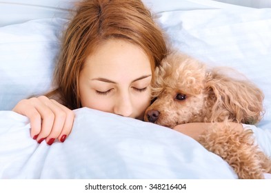 Girl And Her Dog In The Bed