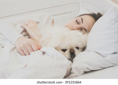 Girl And Her Dog In The Bed.