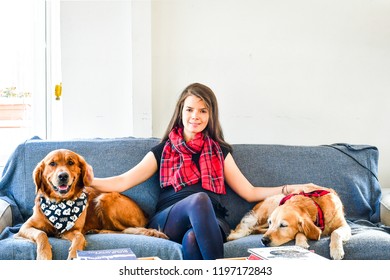  Girl And Her   Golden Retriever Dogs   At Home  With Matching Bandana. Matching Dog And Owner Outfit.