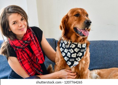  Girl And Her   Golden Retriever Dogs   At Home  With Matching Bandana. Matching Dog And Owner Outfit.