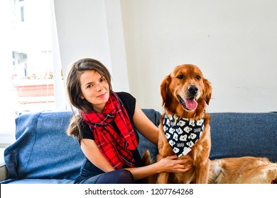  Girl And Her   Golden Retriever Dogs   At Home  With Matching Bandana. Matching Dog And Owner Outfit.