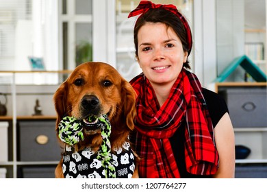  Girl And Her   Golden Retriever Dogs   At Home  With Matching Bandana. Matching Dog And Owner Outfit.