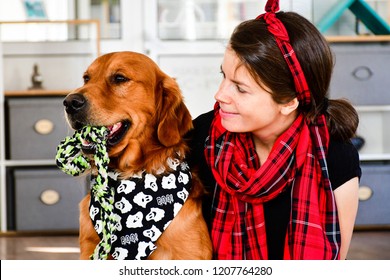  Girl And Her   Golden Retriever Dogs   At Home  With Matching Bandana. Matching Dog And Owner Outfit.