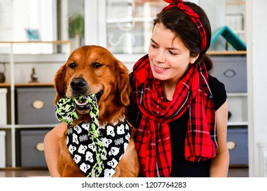  Girl And Her   Golden Retriever Dogs   At Home  With Matching Bandana. Matching Dog And Owner Outfit.