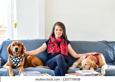  Girl And Her   Golden Retriever Dogs   At Home  With Matching Bandana. Matching Dog And Owner Outfit.