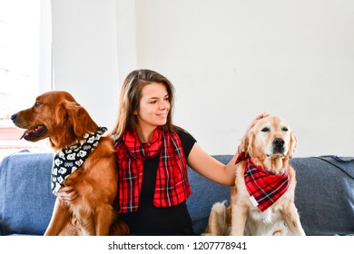  Girl And Her   Golden Retriever Dogs   At Home  With Matching Bandana. Matching Dog And Owner Outfit.