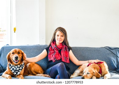  Girl And Her   Golden Retriever Dogs   At Home  With Matching Bandana. Matching Dog And Owner Outfit.