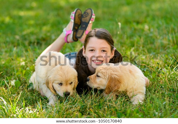 Girl Her Little Dogs Resting Countryside Stock Photo Edit Now