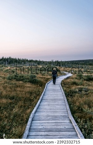 Girl hiking outdoor wooden trail mooreland Cape Breton Island Coast Nova Scotia Highlands Canada