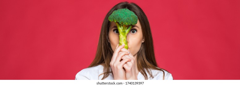 Girl Hold Vegetable. Organic Nutrition. Woman Hold Broccoli. Healthy Vegetarian Recipes. Amazing Broccoli Facts You Should Know. Healthy Food. Dieting Concept. Eat Healthy.