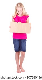 Girl Holding A Blank Cardboard Sign, Looking Down, Isolated On White