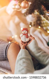 Girl Holding Christmas Cake In Hand. Xmas Cookie Isolated.