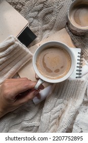 A Girl Holding A Cup Or Coffee With Notebook, Book. Aesthetic Concept