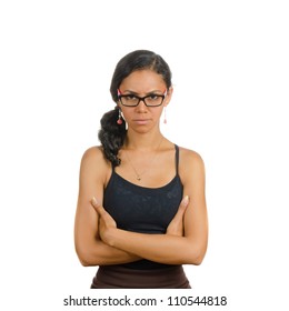 A Girl Holding Her Hand. Isolated On White. Body Language. Defensive. Protective.