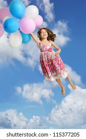 Girl Holding Onto Balloons and Floating In The Air