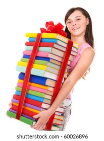 Girl holding pile of book. Isolated.