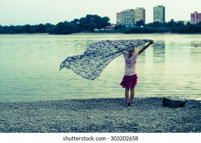 Girl Holding Scarf Blowing Wind Stock Photo 303202658 